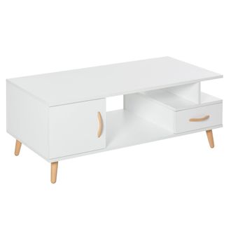HOMCOM Modern Minimalism Coffee Table with Storage - Sofa Side Table with Shelf & Drawer for Living Room Reception Room - White Storage Wooden w/ - Home Livi