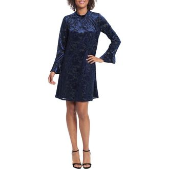 London Times Velvet Long Sleeve Dress in Black/Navy at Nordstrom Rack, Size 14P