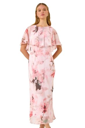 Roman Womens Floral Frill Chiffon Cape Midi Dress - Pink - Size 10 UK
