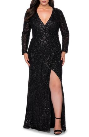 La Femme Long Sleeve Sequin Plus Size Dress with Slit in Black at Nordstrom, Size 14W
