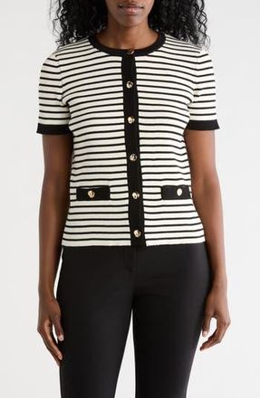 T Tahari Stripe Short Sleeve Crop Cardigan in White/Black at Nordstrom Rack, Size X-Small