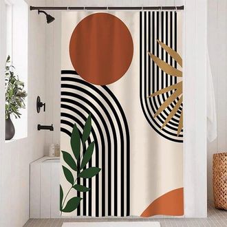 OEM Cortina De Ducha Abstracta - Terracota, L&iacute;neas Geom&eacute;tricas Negras, Resistente Al Moho, Impermeable, Lavable, Poli&eacute;ster, 120x180 Cm, Con Ganchos