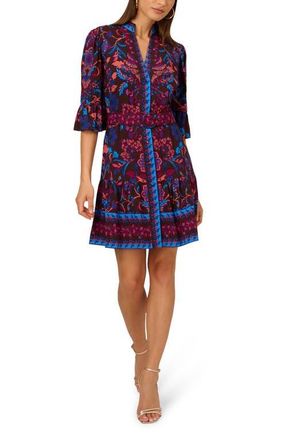 Adrianna Papell Floral Flounce Belted Dress in Brown Multi at Nordstrom, Size 10