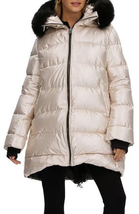 Gorski Apres-Ski Horizontal Long Coat with Detachable Genuine Shearling Hood Trim in Gold/black at Nordstrom, Size X-Small
