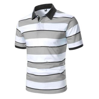 Generic Mens Striped Short Sleeve Polo Shirt, Stylish Horizontal Stripes with Button Collar, Trendy Polo Shirt for Men, Comfortable and Versatile Polo Shirt f