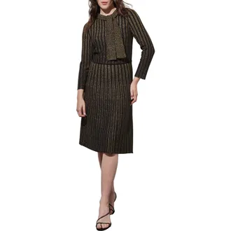 Ming Wang Shimmer Stripe Tie Neck Metallic Sweater Dress in Black/gold at Nordstrom Rack, Size X-Small