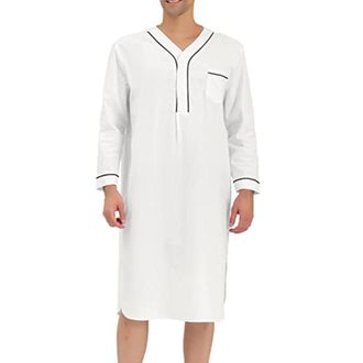 Generic Mens Cotton Nightshirt Long Sleeve V Neck Knee Length Pajamas Tops Plus Size Henley Nightgown Soft Button Nightdress Trendy Loose Henley Sleepwear Sle
