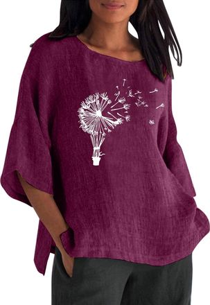 Generic Womens Linen Tops Blouses Sale Crop Boho Office Outfits Sales Tunic for Women Summer Cotton Top Fashion Plus Size Tshirt Round Collar Mid Long Sleeve 