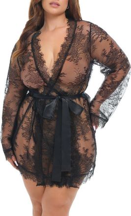 Oh l&agrave; l&agrave; Ch&eacute;ri Amor&eacute; Lace Satin Bow Robe in Black at Nordstrom, Size 1X