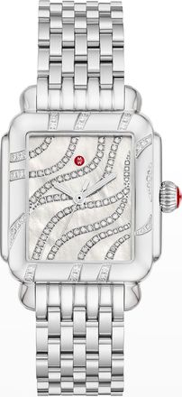 Michele Deco Diamond Stainless Steel Watch with Diamond Pattern and Mother-of-Pearl
