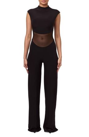 Naked Wardrobe Mesh Mock Neck Jumpsuit in Black at Nordstrom, Size X-Large