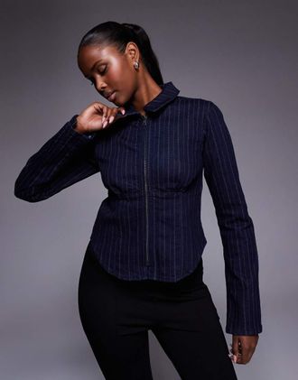 Asos Camicia in denim gessata con zip bidirezionale e colletto in coordinato-Blu navy