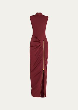 Balmain Mock-Neck Zip Slit Sleeveless Gown