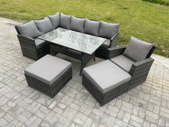Fimous 9 Seater Outdoor Rattan Garden Furniture Set with Rectangular Dining Table 2 Big Footstool Armchiar Patio Corner Sofa Set in Dark Grey