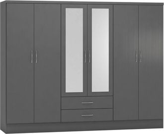 Seconique Nevada 6 Door 2 Drawer Mirrored Wardrobe - L52 x W230 x H182.5 cm - 3D Effect Grey