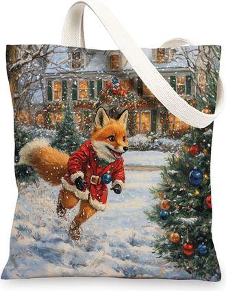 Generic Christmas Fox Canvas Tote Bag for Shopping 13x15, Winter Cardinal Xmas Animal Reusable Grocery Print Bag for Women Men, Holiday Pet Aesthetic Painting