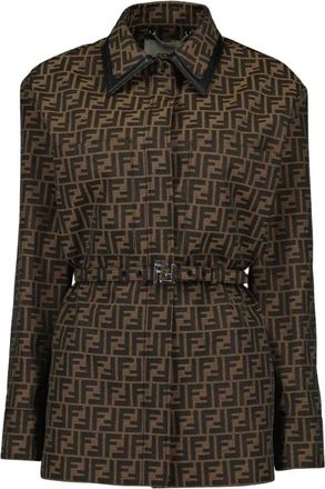 Fendi FF Jacquard Canvas Shirt-Jacket - Dames - Shirt Kleedjes - Bruin - 2XS - Katoen - Kleedjes