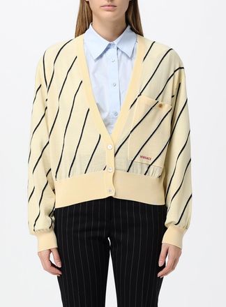 Versace Cardigan a righe in misto lana con logo a contrasto e scollo a V