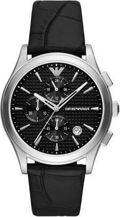 Emporio Armani Chronograph Leather Strap Watch, 42mm in Silver at Nordstrom Rack