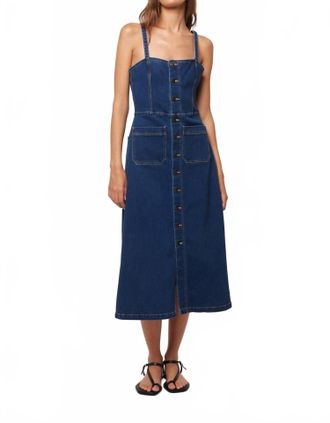Rolla's Mara Button Down Denim Midi Dress In Deep Blue Wash
