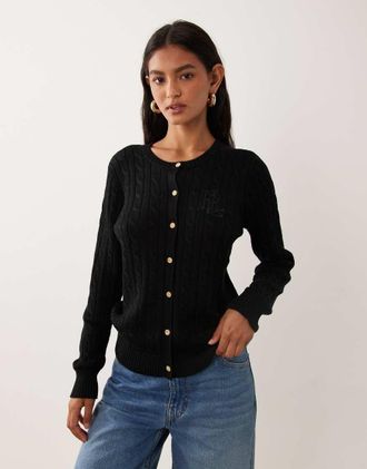 Ralph Lauren Cardigan nero in maglia di cotone lavorata a trecce con logo