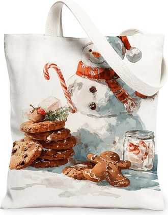 Generic Winter Canvas Tote Bags, Cute Snow Man Biscuits Pattern Reusable Grocery Bags, Festive Holiday Lightweight Washable Shoulder Strap Canvas for Shopping