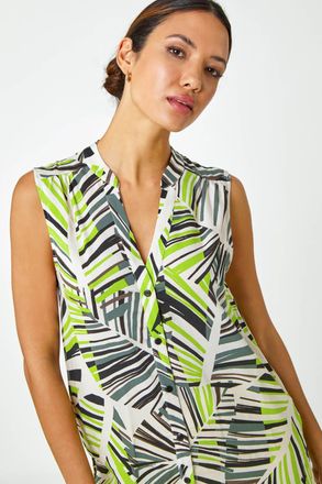 Roman Palm Print Notch Neck Button Tunic Top