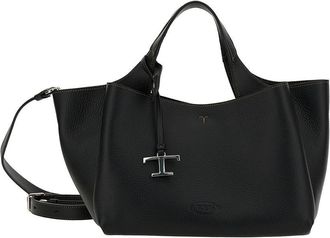 Tod's Black Handbag With Embossed Logo And T Timeless Charm In Grainy Leather Woman