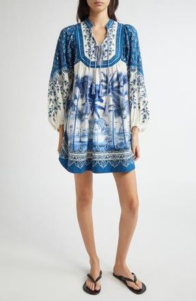 Farm Rio Palm Tree Print Linen Blend Tie Front Dress in Off-White at Nordstrom Rack, Size Medium