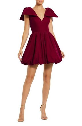 Mac Duggal Shoulder Bow Velvet Bubble Mini Dress in Berry at Nordstrom, Size 4