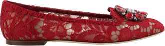 Dolce & Gabbana Red Lace Crystal Embellished Ballet Flats Size 37