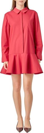 English Factory Ruffle Hem Long Sleeve Mini Shirtdress in Red at Nordstrom, Size X-Small
