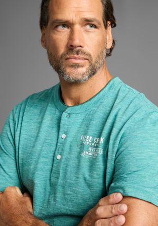 Man's World Henleyshirt MANS WORLD, Herren, Gr. 4XL (68/70), gr&uuml;n (gr&uuml;n melange), Single Jersey, Obermaterial: 100% Baumwolle, bedruckt, meliert, normal, Rundhals