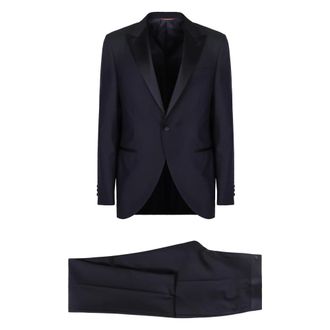 Canali Single Breasted Suits, male, Blue, M, Wool Suit with Satin Lapel Collar