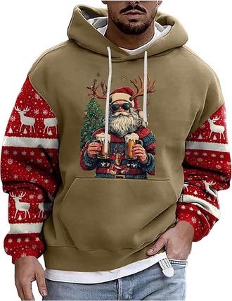 Generic Mens Christmas Hoodie Sweatshirt Mens Christmas Print Hooded Long Sleeve Hoodies Top Funny Christmas Jumpers Santa Festive Sweatshirt Xmas Party Hoode
