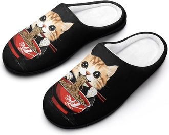 Generic Cat Japanese Ramen Noodles Funny Mens Cotton Slippers Soft Non-Slip Rubber Sole House Slipper Indoor Outdoor