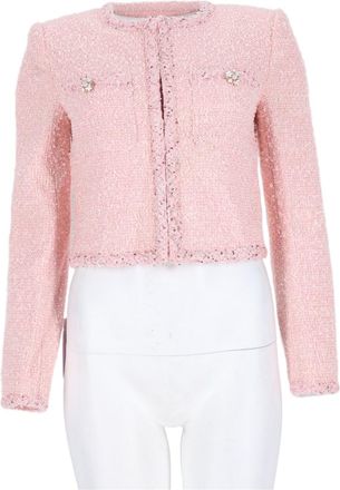 Self Portrait Cropped Textured Boucle Jacket with Decorative Button Accents