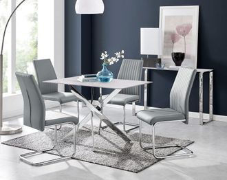 Furniturebox Leonardo White Glass Marble Effect Silver Leg Table & 4 Lorenzo Chairs in Grey