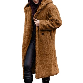 Generic Women Winter Hooded Fuzzy Fleece Coat Teddy Bear Long Faux Fur Coats Solid Color Button Down Open Front Outwear (UK, Alpha, S, Regular, Regular, Brown