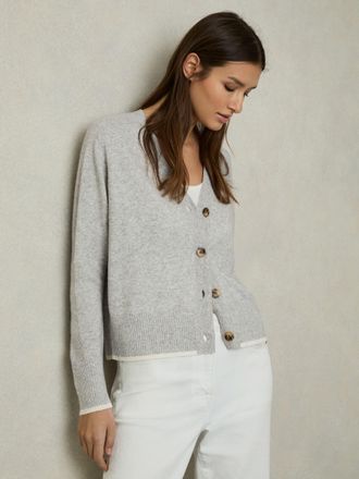 Reiss Tipped V-neck Cardigan With Wool And Cashmere, XS