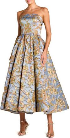 Mac Duggal Strapless Floral Brocade Midi Dress with Pockets in Periwinkle Multi at Nordstrom, Size 10