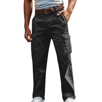 Generic Cargo Trousers for Men, Mens Cargo Work Trouser Cotton Linen Tracksuit Bottoms Loose Straight Leg Lounge Pant with Pockets Button & Zip Jogging Bottom