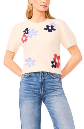 CeCe by Cynthia Steffe Groovy Flower Short Sleeve Sweater in Birch at Nordstrom, Size X-Small