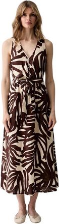 Benetton Linnen midi-jurk met bladerprint - Dames - Casual kleedjes - Veelkleurig - S - Linnen - Kleedjes