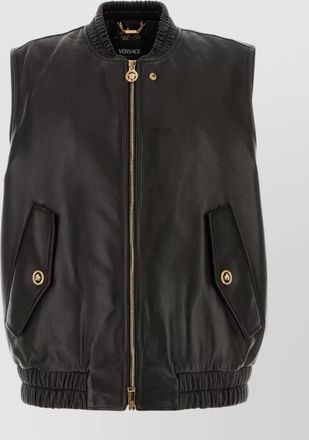 Versace leather jacket with elasticated hem and front pockets