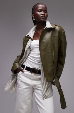 Topshop Faux Leather Moto Jacket in Dark Green/Dark Green at Nordstrom Rack, Size Small