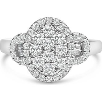 House of Brilliance 10K White Gold 1.0 Cttw Diamond Oval Cluster with Halo Vintage-Inspired Ring at Nordstrom, Size 7.25