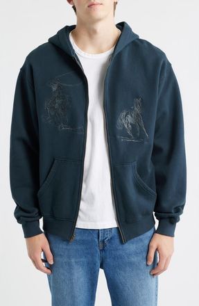 One Of These Days Into the Distance Embroidered Cotton Graphic Zip-Up Hoodie in Washed Black at Nordstrom, Size Xx-Large