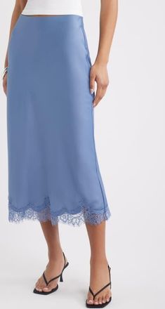 Open Edit Lace Trim Satin Midi Skirt in Blue Umbra at Nordstrom, Size X-Large