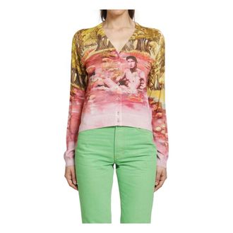 Versace Truien & Vesten, Dames, Veelkleurig, S, Geprinte Zijden Gebreide Cardigan